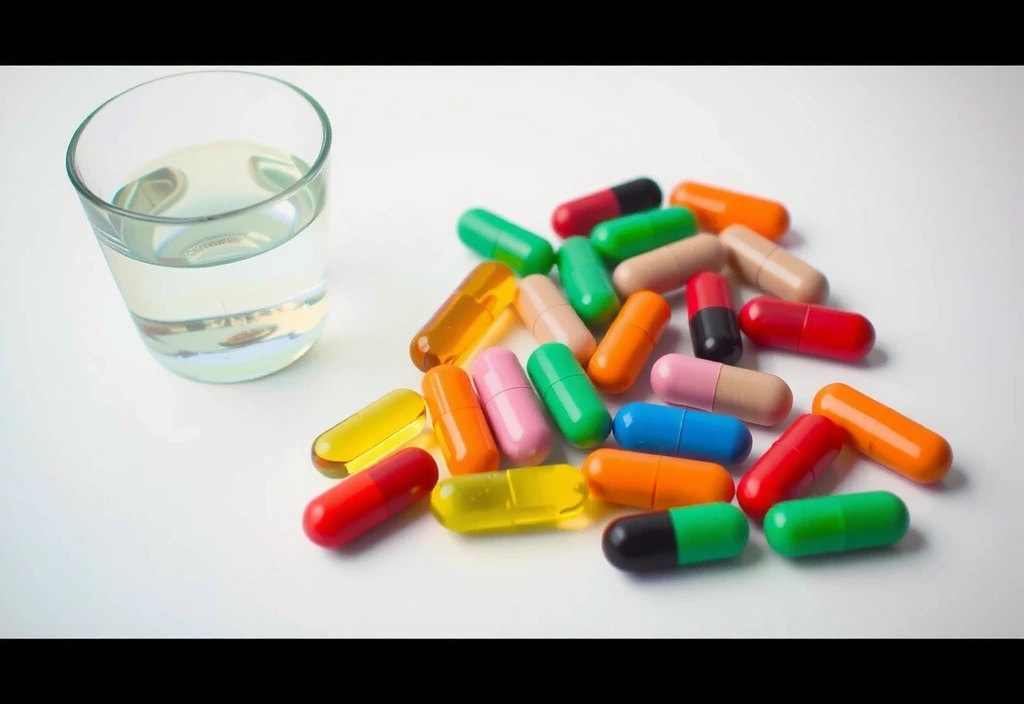 Diverse pastile și capsule de vitamine pe o masă