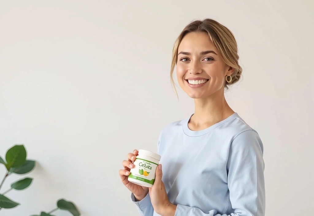 Femeie zâmbitoare care ține un produs Calulavita