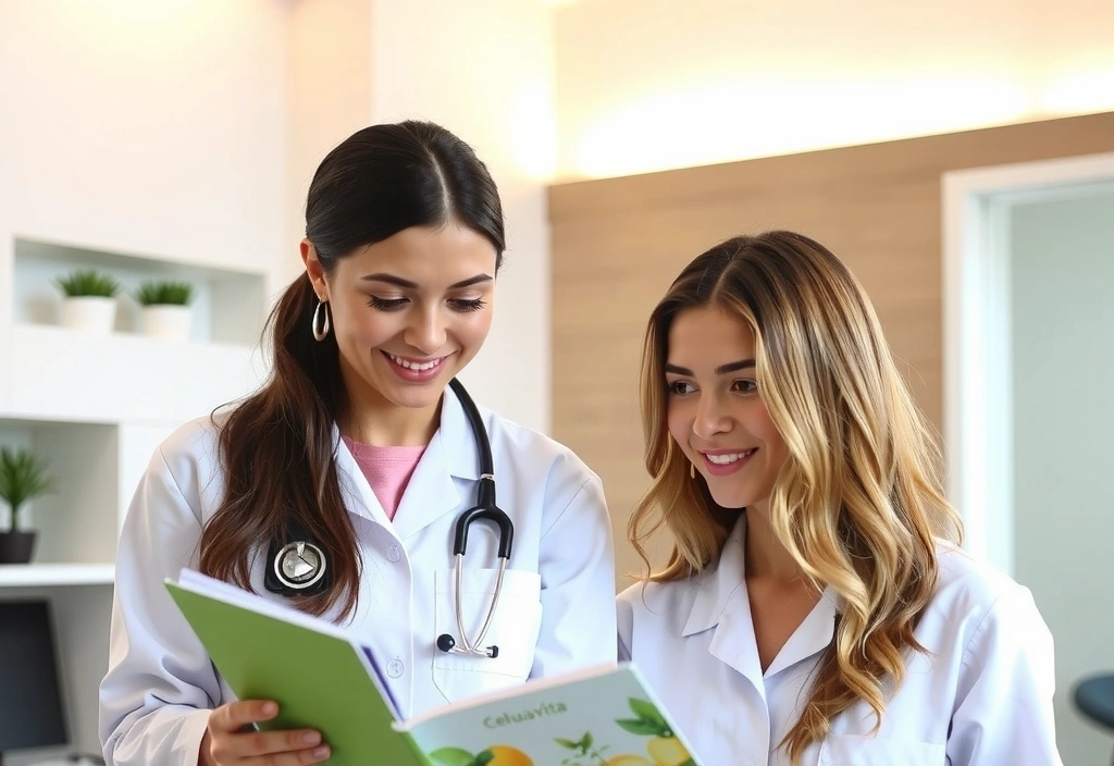 O doctoriță zâmbitoare care explică beneficiile produselor Calulavita unei cliente