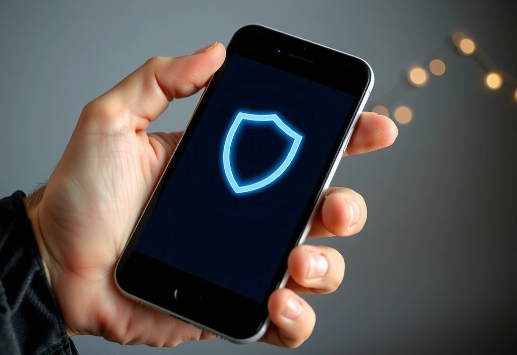 Mână care ține un smartphone cu un simbol de securitate pe ecran