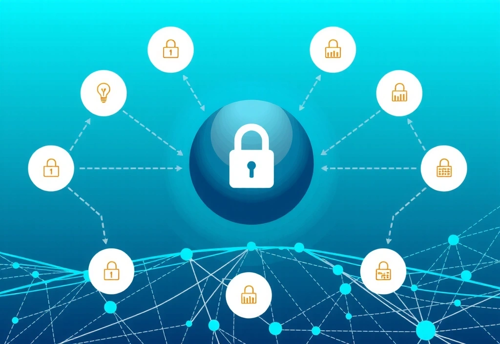 Ilustrație metaforică a partajării securizate a datelor, cu un glob pământesc în centru și conexiuni criptate către diverse entități.